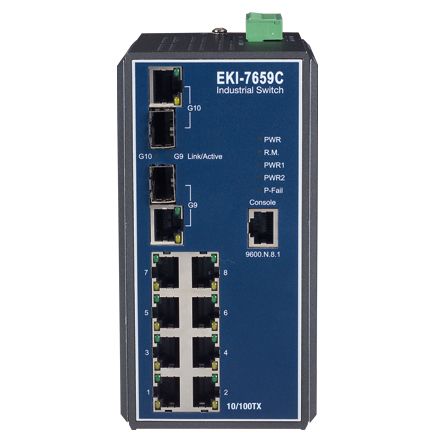 Управляемый коммутатор Ethernet, 8 портов Fast Ethernet RJ-45, 2 комбо порта Gigabit RJ-45/SFP, ADV