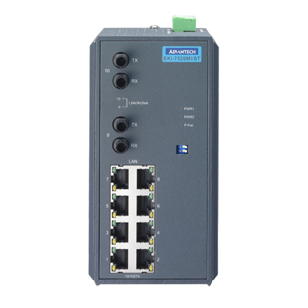 8+2-портовый Multi-mode оптоволоконный неуправляемый коммутатор 10/100Mbps Ethernet, ST разъем, шир